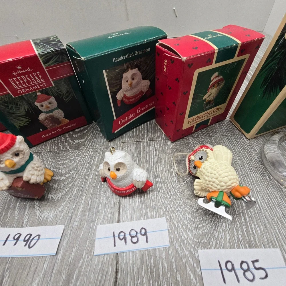 Vintage Hallmark Owl Ornament Lot 1983-1994 Owliver Series Christmas Boxed 9pc‎